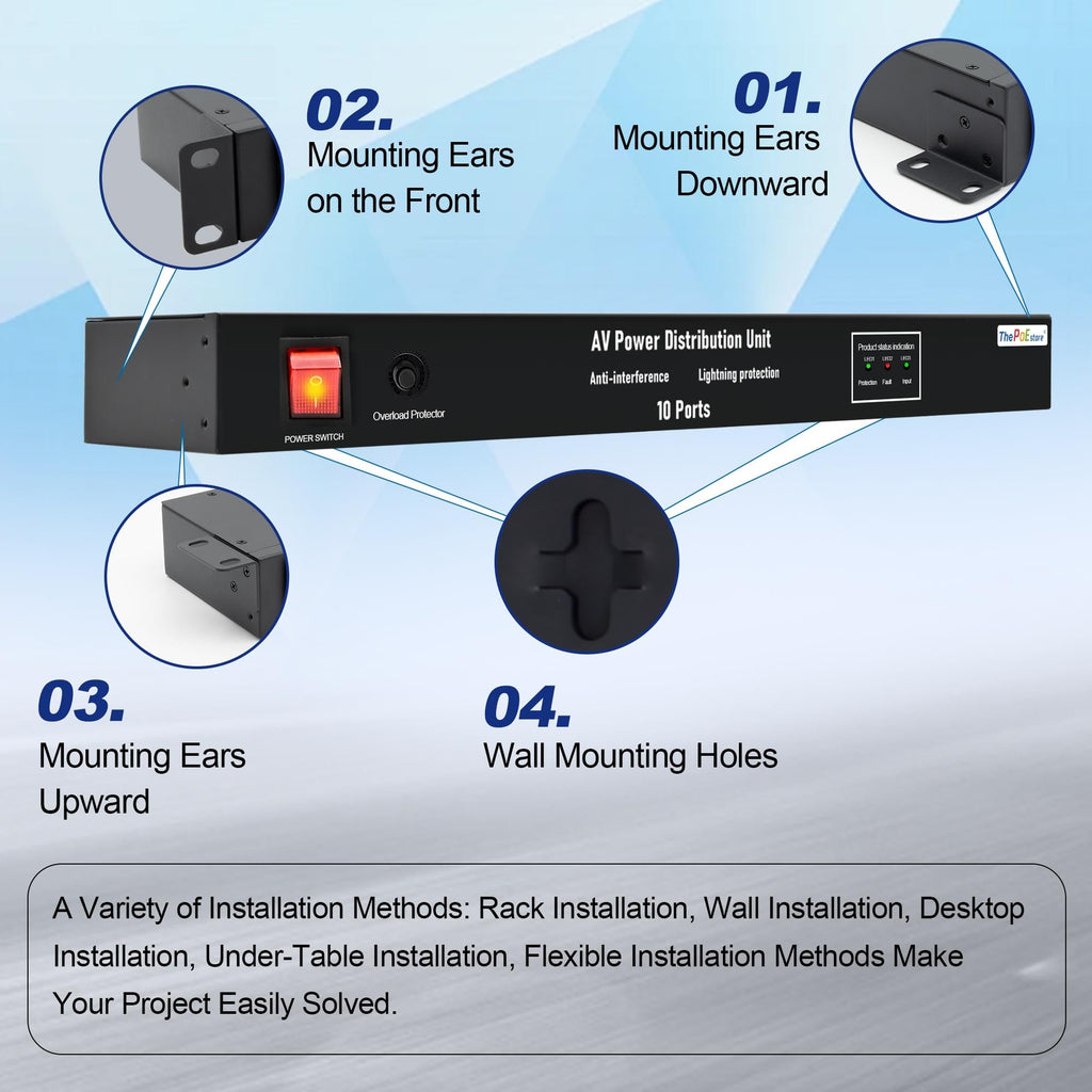 ThePoEstore 1U Horizontal PDU 19" Rack Mount Power Strip - Surge Protector