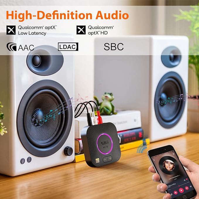 1Mii B06S+ LDAC Bluetooth 5.2 Receiver for Home Stereo Hi-Res Music Streaming, Hi-Fi Wireless Audio Adapter w/aptX HD Low Latency, Long Range Bluetooth Audio Receiver Volume Control, RCA/3.5mm Outputs