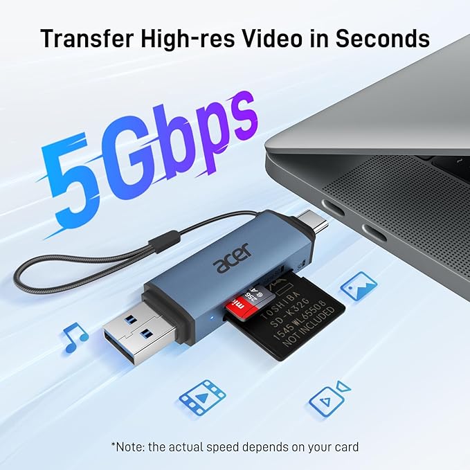 Acer SD Card Reader USB C, Dual Slots USB 3.0 Type C to Micro SD Card Adapter, Memory Card Reader for MicroSD, SDHC, SDXC, Compatible with Laptop, PC, iPhone16/15, MacBook, iPad Pro, Android-Midnight