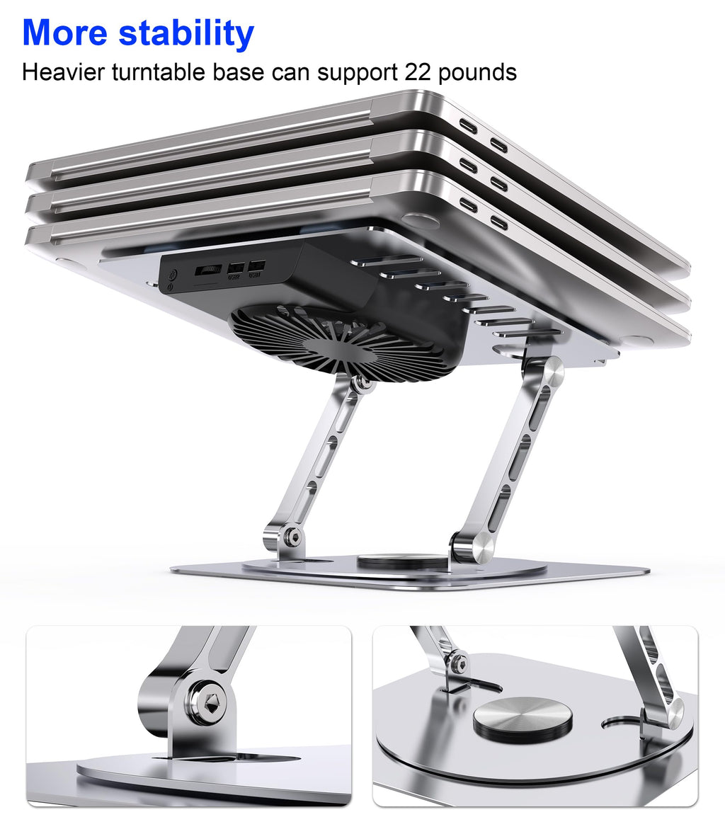 YTech Laptop Stand,with 360°Rotating Base,External Cooling Fan,Adjustable RGB Lighting,Ergonomic Foldable Notebook Computer Holder.Compatible with All 10-17" Laptops Tablets,Silver