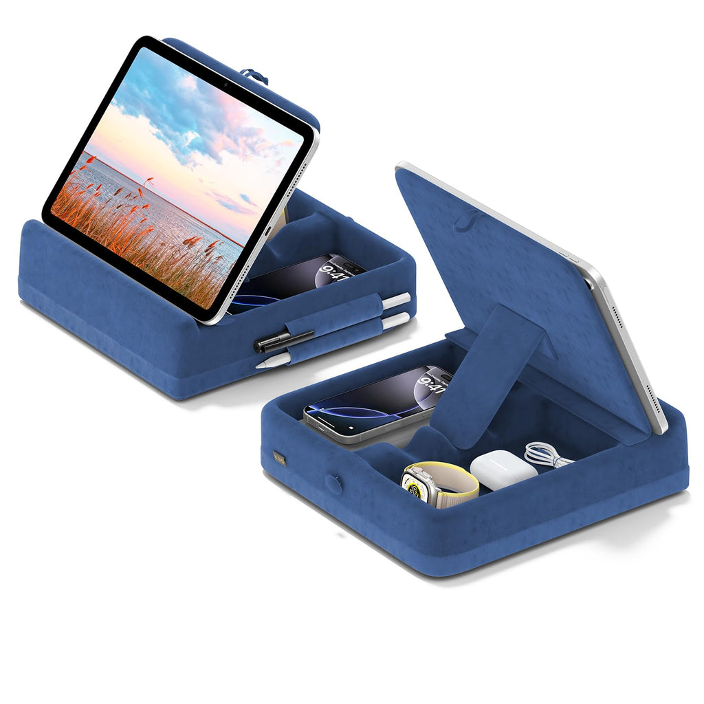 KDD Tablet Pillow Stand with Storage, Foldable iPad Holder for Lap, Desk and Bed, Angle Adjustable Soft Pad Dock with Stylus Mount Compatible with iPad Pro, Air, mini, Book, Phone and Tablet (4-13")