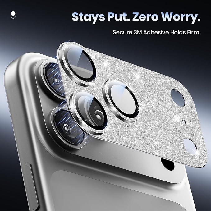 Hoerrye for iPhone 17 Pro Camera Lens Protector - [12FT Shatterproof Military Grade] [Strong Adsorption] Metal Top 9H+ Tempered Glass Camera Screen Full Cover Case Friendly,Glitter Silver