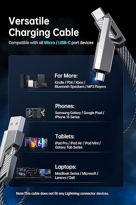 【One is Enough】 4-in-1 USB C to Micro Cable, High-Speed Charging & Fast Data Transfer,CarPlay & Android Auto Support Multi Charger Cord Combo Micro/Type C/USB A for iPhone/Samsung/iPad,3FT