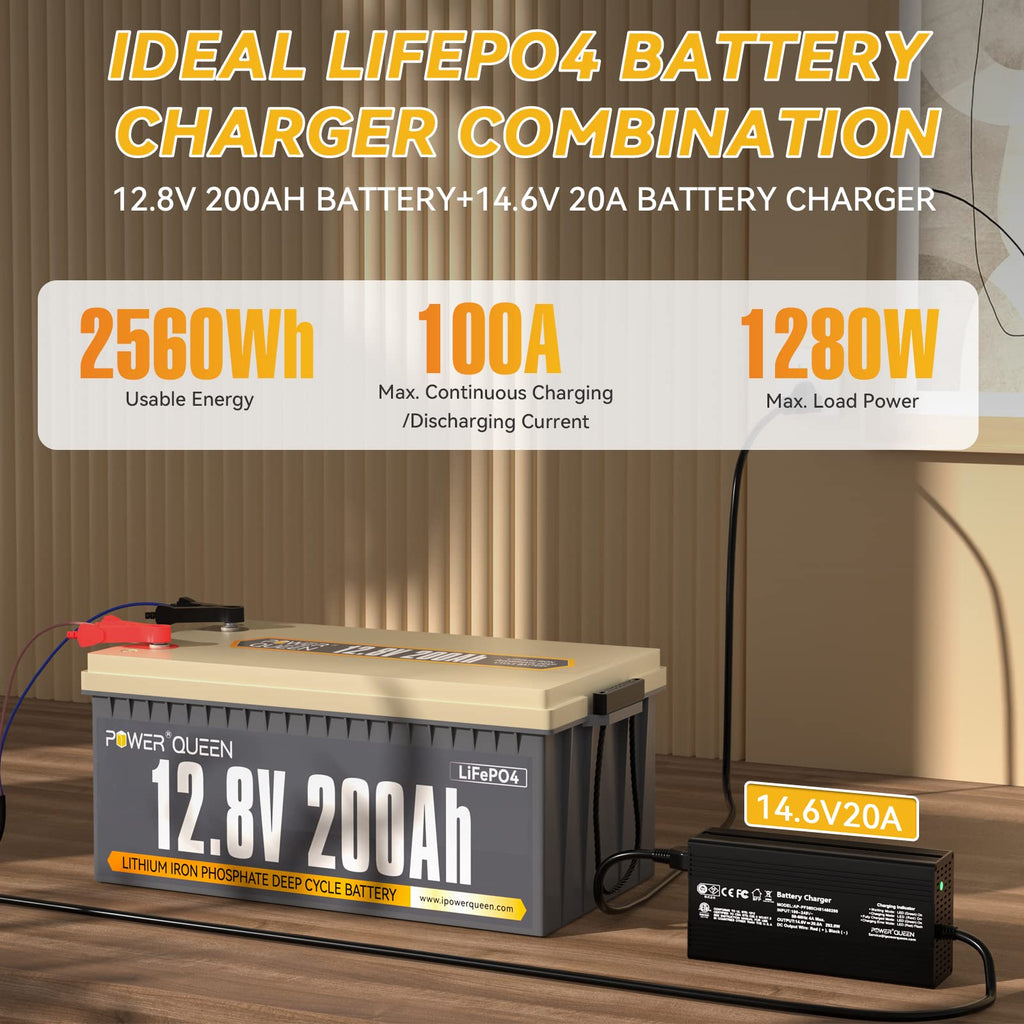 Power Queen 12.8V 200Ah LiFePO4 Battery with 14.6V 20A; Built-in 100A BMS, Fully Charged Capacity, 2560Wh Energy, Perfect for RV, Camping, Solar System, Power Outage