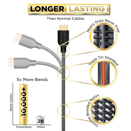 PowerBear 4K HDMI Cable 6 ft | High Speed, Braided Nylon & Gold Connectors, 4K @ 60Hz, Ultra HD, 2K, 1080P, ARC & CL3 Rated | for Laptop, Monitor, PS5, PS4, Xbox One, Fire TV, Apple TV & More
