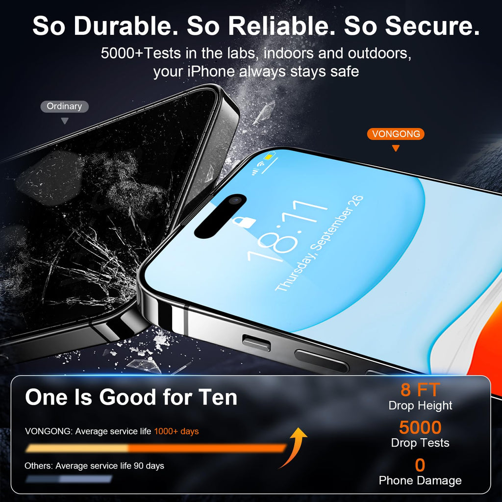 Vongong 2 Pack Screen Protector for iPhone 16,Durable and Drop-Proof with 9H Hardness,Bubble-and-Dust-Free 16 HD High-Aluminum Tempered Glass,Easy Installation Exclusively