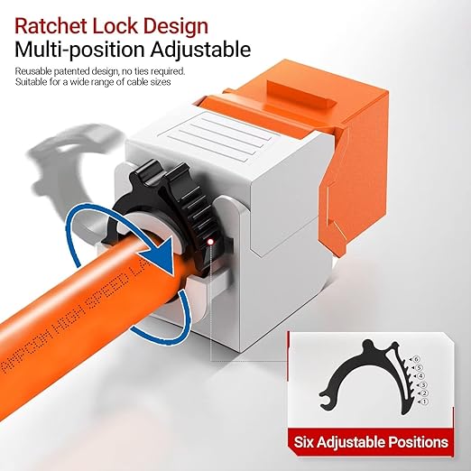 AMPCOM CAT6 RJ45 Keystone Jack - Reusable UTP Ethernet Wall Jack with Adjustable Ratchet Lock Design, No Tool and Zip Tie Required - 50u Gold Plated - Orange (12-Pack)