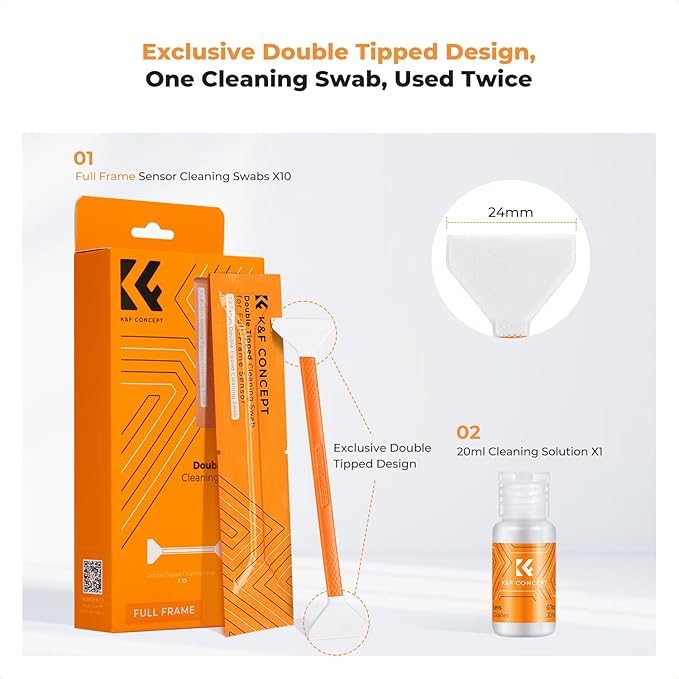 K&F Concept Professional Full Frame Sensor Cleaning Kit, Digital Camera Lens Cleaner Kit - 20ml Sensor Cleaner & 10 X 24mm Double-Tipped Full Frame Sensor Cleaning Swabs