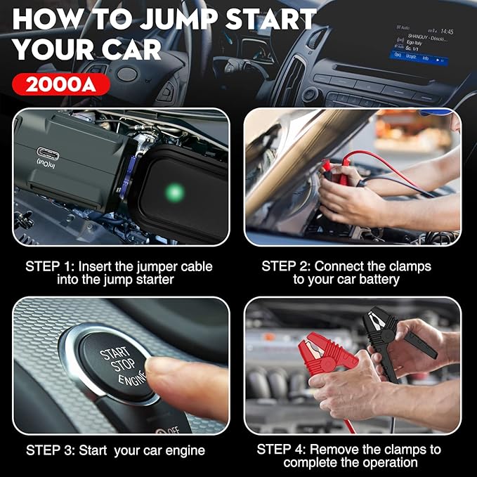 NEXPOW 2000A Peak Car Battery Jump Starter with USB Quick Charge 3.0 (Up to 7.0L Gas or 6.5L Diesel Engine), 12V Portable Jump Box, Battery Booster with Built-in LED Light, Jumper Cables