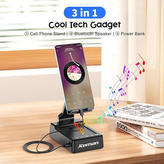 JTEMAN Gifts for Men Women,Adjustable Cell Phone Stand with Bluetooth Speaker and Charging Function,Cool Tech Gadgets Gift Idea for Dad Mom Birthday
