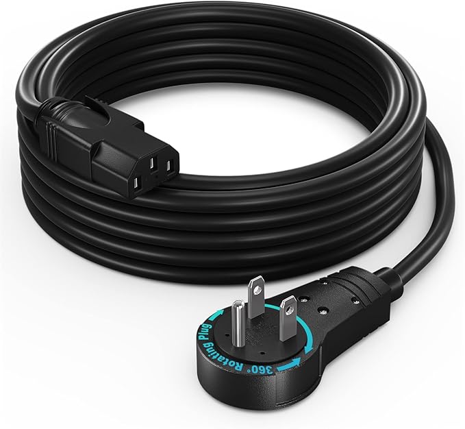 Maximm Monitor Computer Power Cord 12 Ft Flat Plug 360° Rotating PC Cable 3 Prong for, Desktop, Printer, Scanner, 16 AWG NEMA 5-15P to IEC13 - UL Certified
