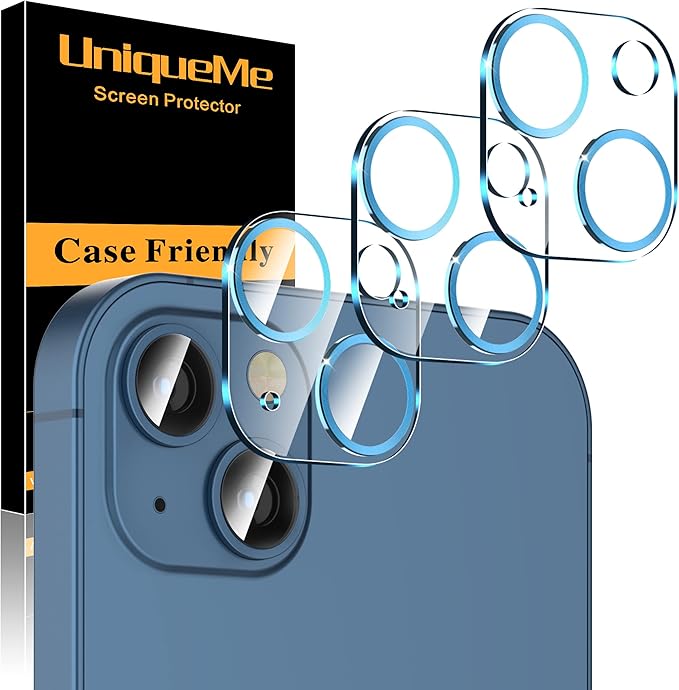 UniqueMe [3 Pack Compatible with iPhone 13 6.1" / iPhone 13 Mini 5.4" Camera Lens Protector Tempered Glass, [Case Friendly][New Version][Scratch-Resistant][Easy Installation] - Blue Circle