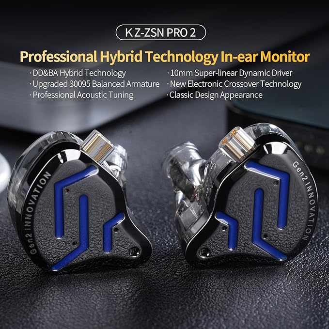 KZ ZSN Pro 2 in-Ear Monitors Headphones Metal Earphones 1BA+1DD Hybrid Technology HiFi Bass Clear Sound IEMs Noise Cancellation Earbuds Wired for Musicians Singer Audiophile(Black,with Mic)