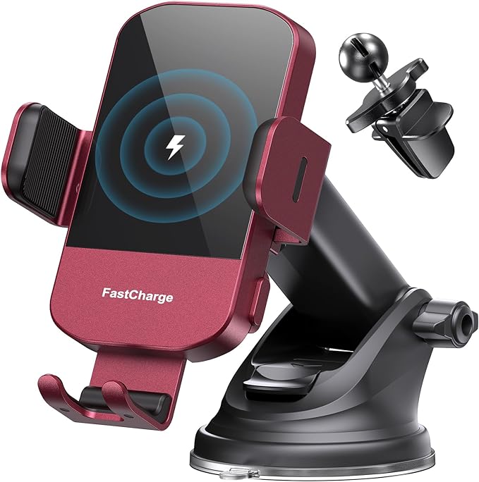 CHGeek Wireless Car Charger, 15W Fast Charging Auto Clamping Car Charger Phone Mount Phone Holder fit for iPhone 15 14 13 12 11 Pro Max Xs, Samsung Galaxy S25 Ultra S24 S23 S22, S21, S20, Red