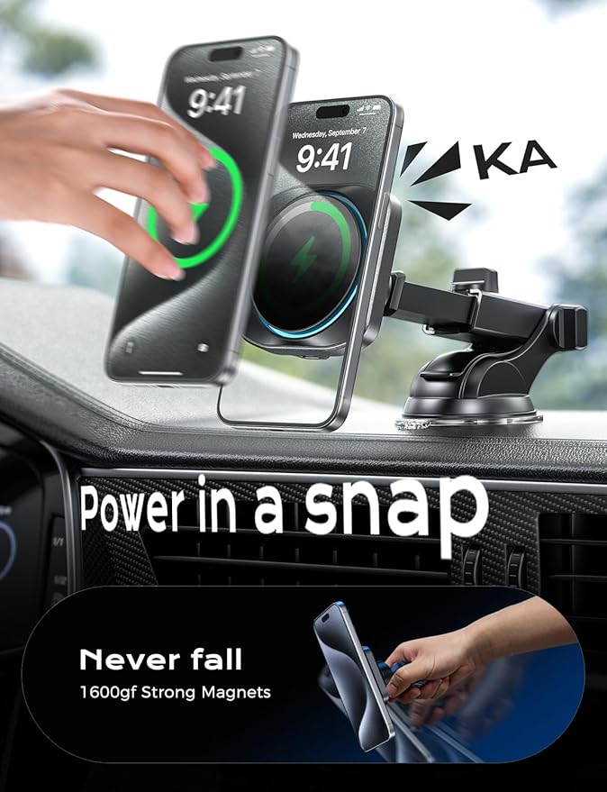 CHGeek for 15W Magsafe Car Mount Charger, iPhone Wireless Car Charger Magnetic Car Phone Holder Mount Fit iPhone 16 15 14 13 Magsafe Case, Vent/Windshield/Dash Phone Mount Holder Fast Cooling Charger