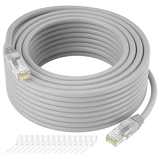 Cat5e Ethernet Cable 50 FT, Long Cat 5e Internet Cable, Grey Snagless Patch Cord, Flexible, Network, LAN, PoE, Standard RJ45 Connector for PC, Server, Router, Modem, TV, PS5 - with 15 Cable Ties
