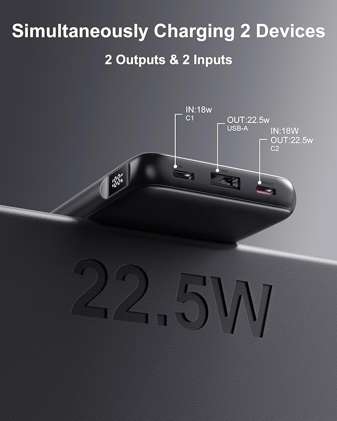 2-Pack 10000mAh Power Bank Fast Charging, 22.5W Compact USB C Portable Charger with 2 Outputs & 2 Inputs, LED Display Battery Pack Compatible with iPhone Samsung iPad Tablets, Black & White