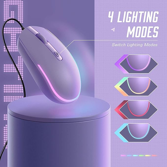 Seenda Wired Mouse - USB Computer Mouse with RGB Backlit Optical LED, Attached USB Cord for Laptops, Notebooks, Chromebook - Purple