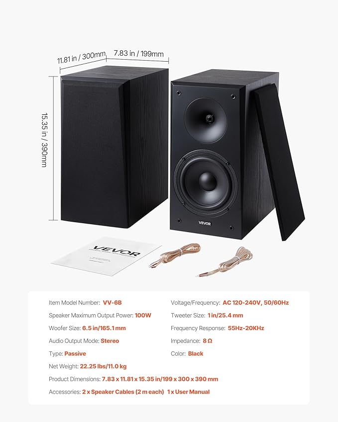 VEVOR Passive Bookshelf Speaker, 100W, Book Shelf Stereo Speakers with 6.5-Inch Woofer and 1-Inch Tweeter, Detachable Grille, 55Hz-20KHz Frequency Response, Wooden Enclosure, for Home Theater (1 Pair)