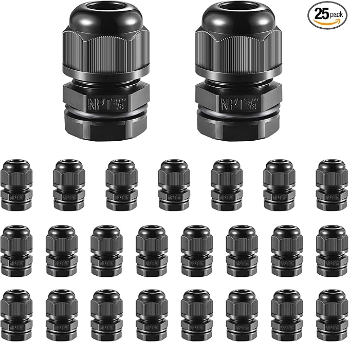 25 PCS 3/8"(5-10mm) NPT Nylon Cable Gland Joints with Gaskets, IP68 Adjustable Lock Nut Strain Relief Cord Grip Waterproof Cable Glands - UL Listed and RoHS Compliant