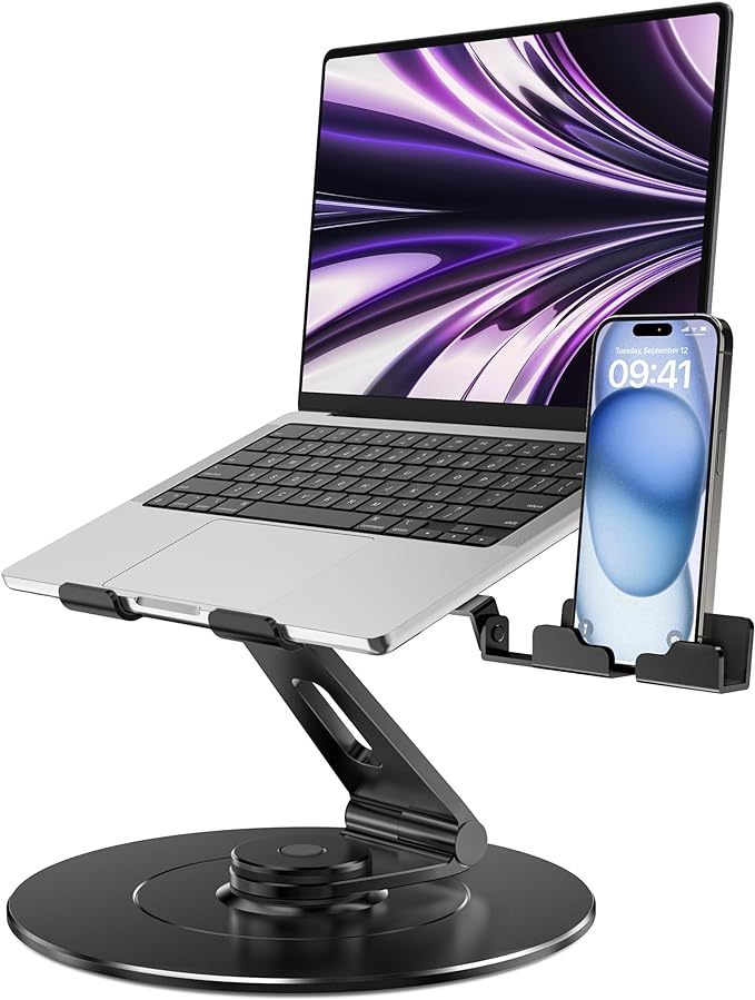 Adjustable 10-17.3" Laptop Stand for Desk with 360 Swivel Larger Base & Rotating Phone Holder, Aluminum Computer Stand for Laptops, Ergonomic Laptop Riser Fits MacBook, HP, Dell, All Laptops
