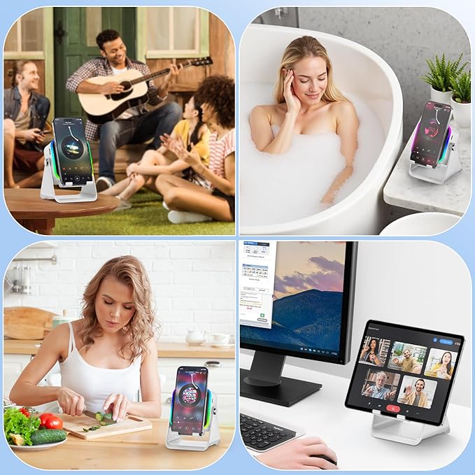 Wireless Induction Speaker 5-in-1 Bluetooth Speaker with Phone Stand,Stereo Sound, 3500mAh Rechargeable, 8 RGB Ambient Light, 360° Adjustable Holder for iPhone/Android/iPad,Gifts for Men Women (White)