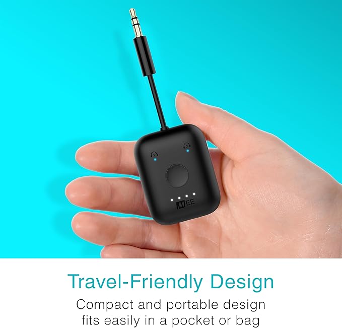 MEE audio Connect Air in-Flight Bluetooth Wireless Audio Transmitter Adapter for up to 2 AirPods/Other Headphones; Works with All 3.5mm Aux Jacks on Airplanes, Gym Equipment, TVs, & Gaming Consoles