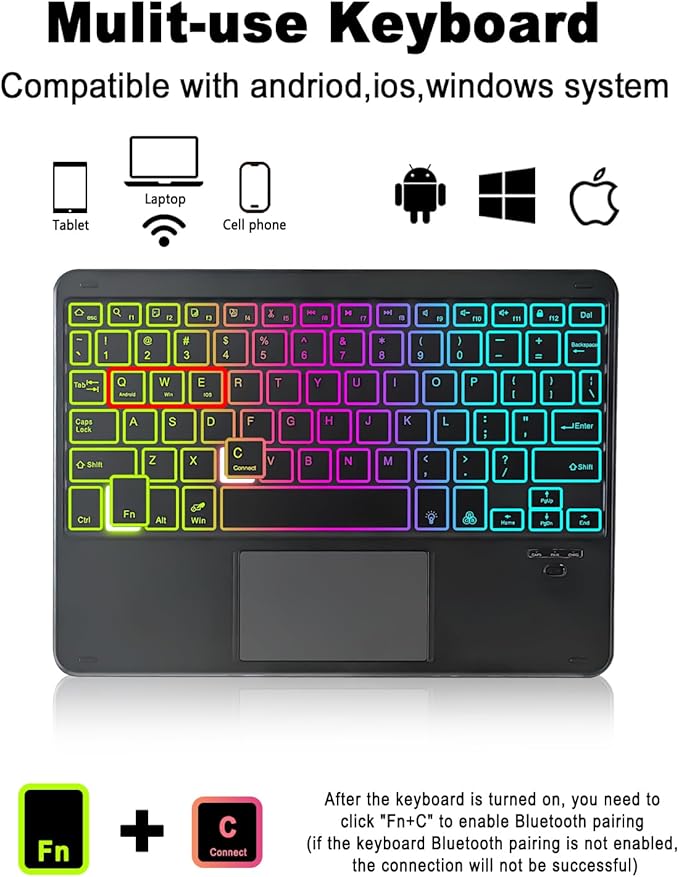 Universal Touchpad Keyboard Case for 9.7,10.1,10.2",10.5",10.9",11" Tablet, Rainbow Backlight TrackPad Keyboard with Type-C Charging Port fit 9.7-11 inch Android/iOS/Windows (Black)