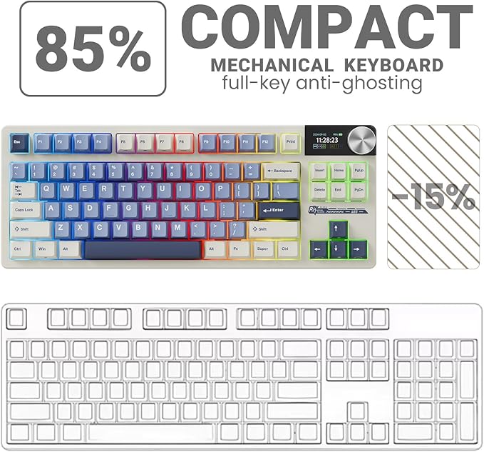 RK ROYAL KLUDGE S85 Wireless Mechanical Keyboard, 85% Wireless TKL Keyboard with Display & Ratchet Knob, Custom Linear Silent Switches, Triple-Mode, 7200mAh Battery, Hot Swappable