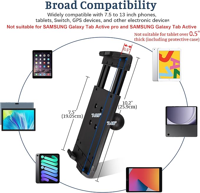 Heavy Duty Tablet Mount for Truck, Aluminum Drill Base Tablet Holder, Compatible with 7.5''-10.2'' Tablets/iPad, Industrial iPad Holder for Wall, Truck, Warehouse,Dashboard,Boat