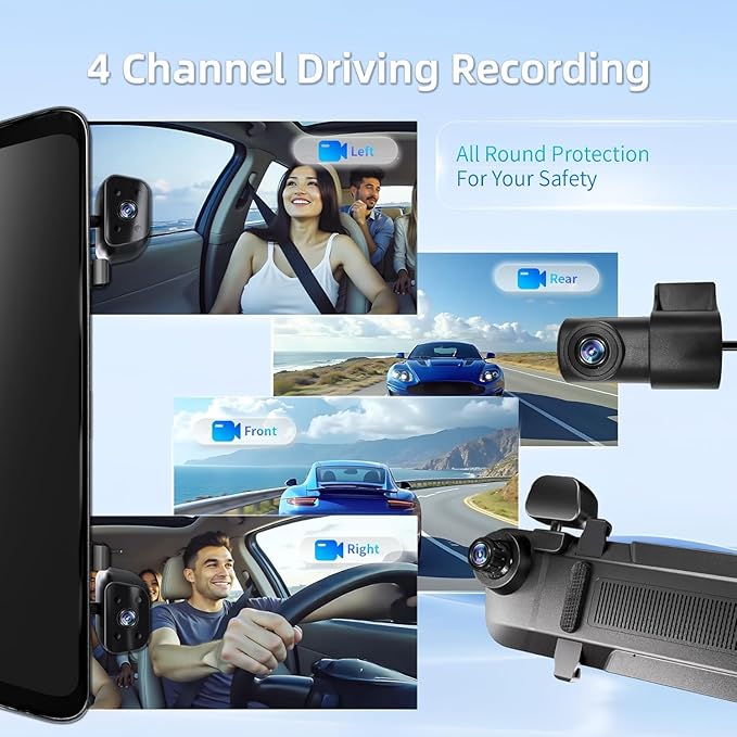 2025 Rear View Mirror Camera,4 Channel Mirror Dash cam Front and Rear 24/7 Recording,12" Touch Screen Dash Camera for car Trucks,Built-in WiFi,GPS,IR Night Vision,Free 128GB SD Card