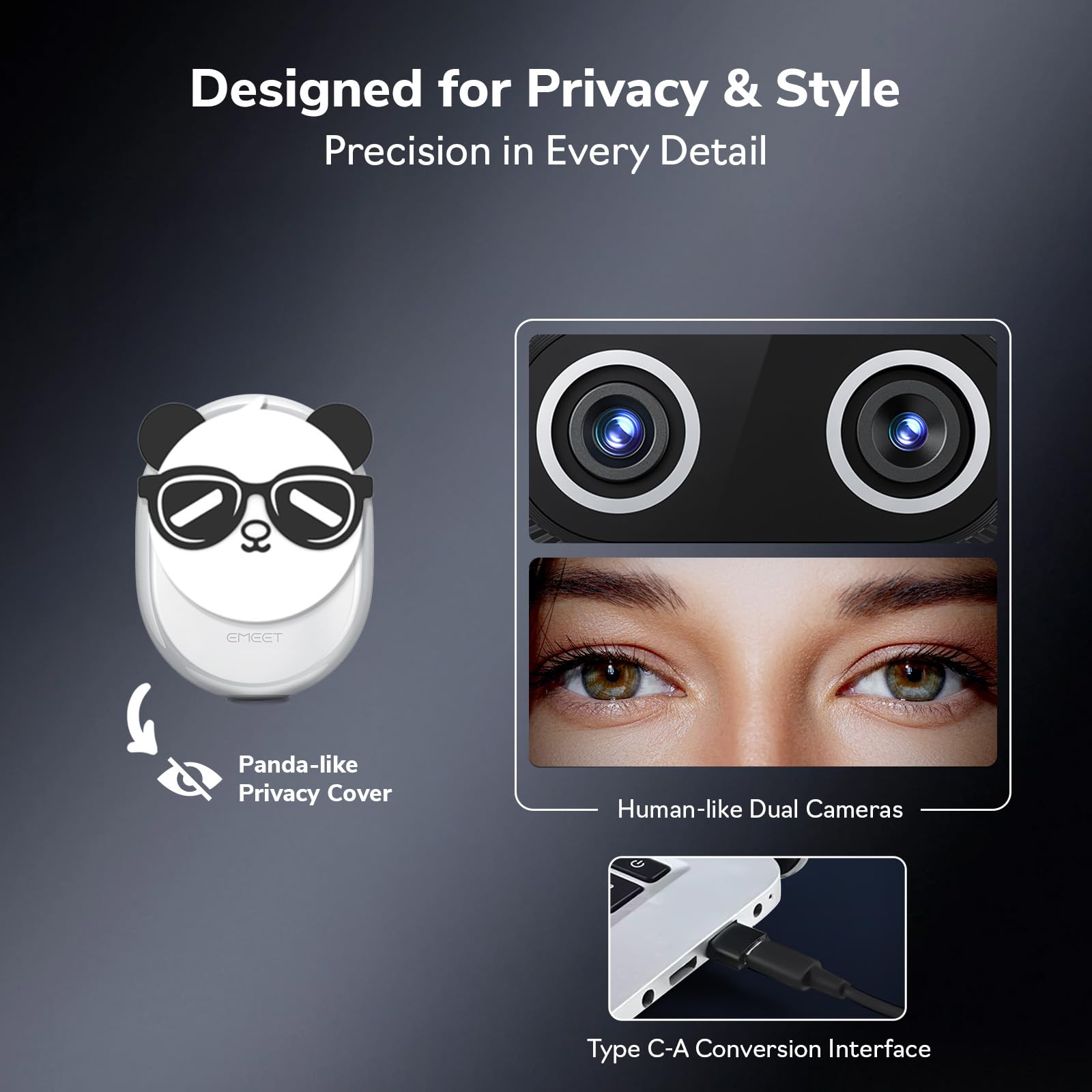 EMEET Piko+ (Piko Plus), World’s 1st Dual-Camera AI-Powered 4K Webcam, 1/2.55'' Sony Sensor, 3 Mics&3 Sound Modes, Panda Magnetic Privacy Cover, USB C-C&C-A, Ideal for Livestreamers & Content Creators