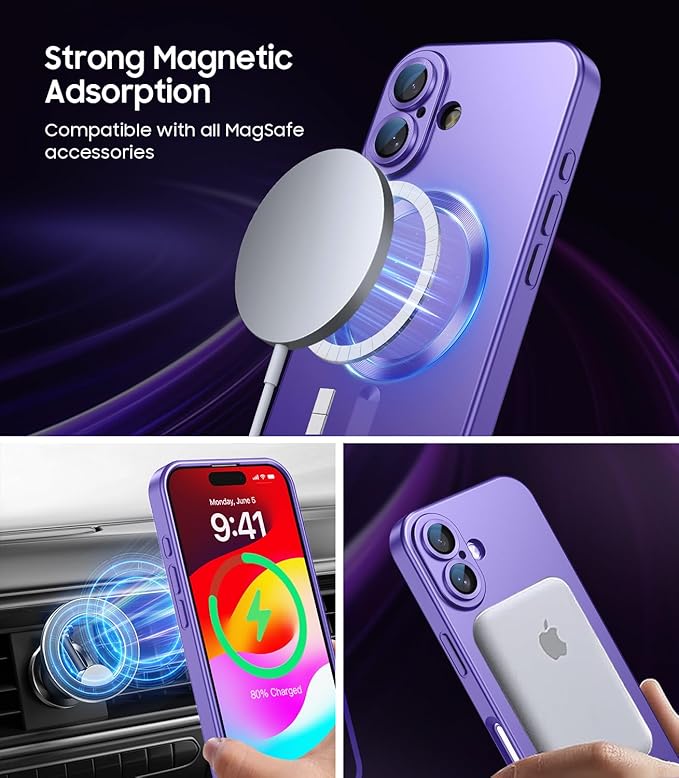 Magnetic for iPhone 16 Case [Compatible with MagSafe][Built-in Camera Lens Protector] Slim Soft Silicone Bumper Shockproof Metallic Luster Phone Case (Purple)