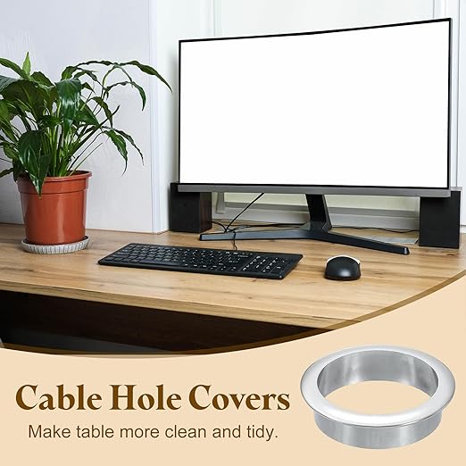 uxcell Desk Grommet, 2-3/8" (60mm) Zinc Alloy Cable Hole Cover Wire Cord Organizer with Marked Cable Ties for Home Office Desktop Wire, Silver Tone