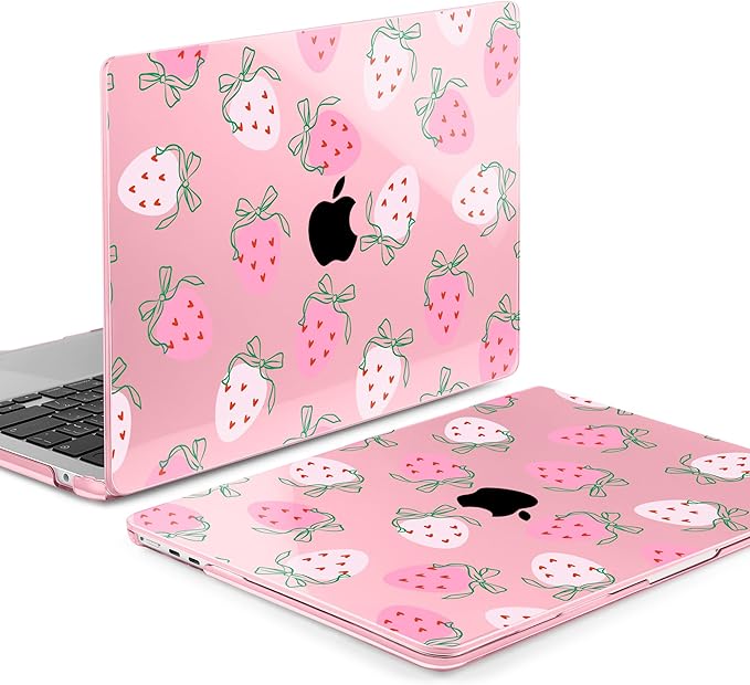MEEgoodo for M4/M3/M2 MacBook Air 15.3 inch Case 2025 2024 2023, Case Fit Model (A3241/A3114/A2941) for MacBook Air 15 inch, Laptop Hard Shell with Keyboard Cover, Strawberry & Bow