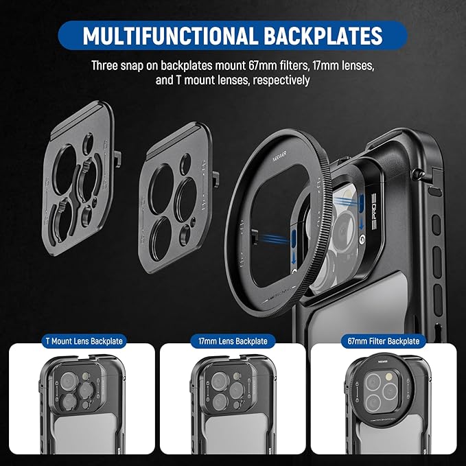 NEEWER 16 Pro Cage, Quick Release Video Rig Phone Stabilizer Compatible with iPhone 16 Pro with 67mm Filter Adapter, 17mm Lens Backplate, T Mount Lens Adapter Compatible with Moment, PA073