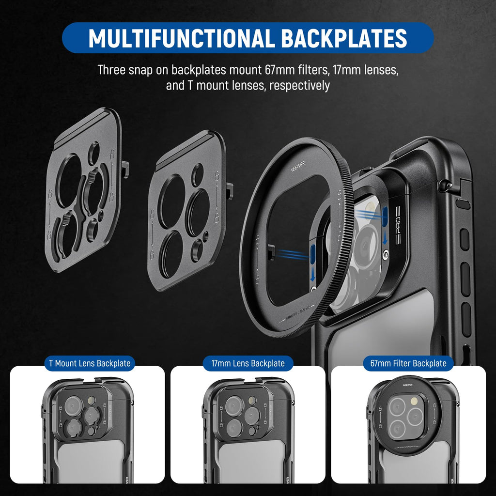 NEEWER 16 Pro Cage, Quick Release Video Rig Phone Stabilizer Compatible with iPhone 16 Pro with 67mm Filter Adapter, 17mm Lens Backplate, T Mount Lens Adapter Compatible with Moment, PA073
