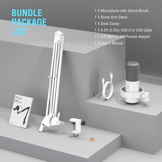 FIFINE Dynamic Microphone with Boom Arm, Studio Vocal XLR Microphone, Podcast USB Mic Kit for PC with Mute Button, Volume Knob, Headphone Jack, for Streaming Recording-AmpliTank K688CT White