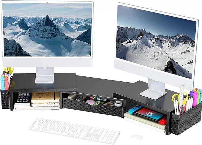 Spacrea Metal Desk Organizers and Accessories, Dual Monitor Stand Riser with Drawer and 2 Pen Holders, Desk Accessories & Workspace Desktop Organizers for Office Supplies (Black)