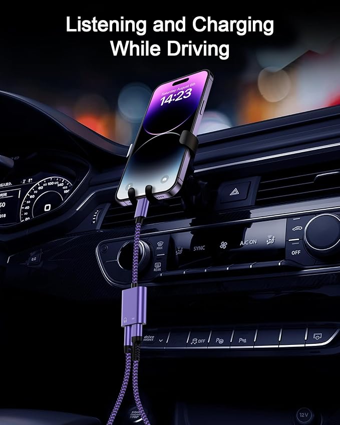 iPhone Dongle Headphone and Charger 2 in 1, Lightning to 3.5mm Audio Jack + Charge Splitter [Mfi Certified] iPhone Aux Adapter Female Converter for Apple 14 Plus 13 12 11 Pro Max XR XS iPad Mini iPod