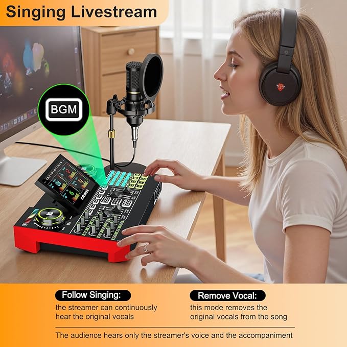 Podcast microphone bundle, live sound card, streaming audio mixer, podcast equipment bundle for PC/mobile live streaming, singing, gaming, soundboard with voice changer and noise reduction function