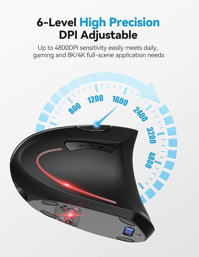 TECKNET Ergonomic Mouse with Jiggler, Bluetooth Wireless Vertical Mouse, 4800DPI Rechargeable Carpal Tunnel Mouse, Undetectable Random Movement Keeps Computers Awake for PC, Laptop