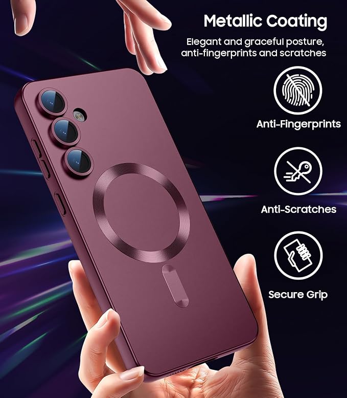 Magnetic for Samsung Galaxy S25 Case [Compatible with MagSafe][Built-in Camera Lens Protector] Slim Soft Silicone Bumper Shockproof Metallic Luster Phone Shell (Burgundy)