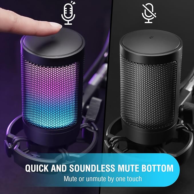 FIFINE Gaming USB Microphone for PC PS5, Condenser Mic with Quick Mute, RGB Indicator, Tripod Stand, Pop Filter, Shock Mount, Gain Control for Streaming Discord Twitch Podcasts Videos- AmpliGame