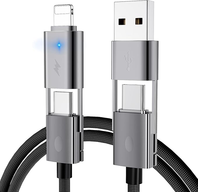 2Pack 4 in 1 USB C Cable Fast Charging PD 65W 27W Multi Charger Cord with Type C/USB A/L Port, 3FT Round Braided Dual USB-C Cable for iPhone 16 15 14 Pro Max/Samsung/i-Pad/MacBook