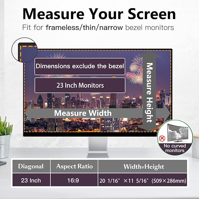 Magnetic Computer Privacy Screen Shield 23 Inch for Frameless Monitor Thin Bezel 16:9 Widescreen, Hanging Removable Anti Blue Light Privacy Filter Protector Eye Protection
