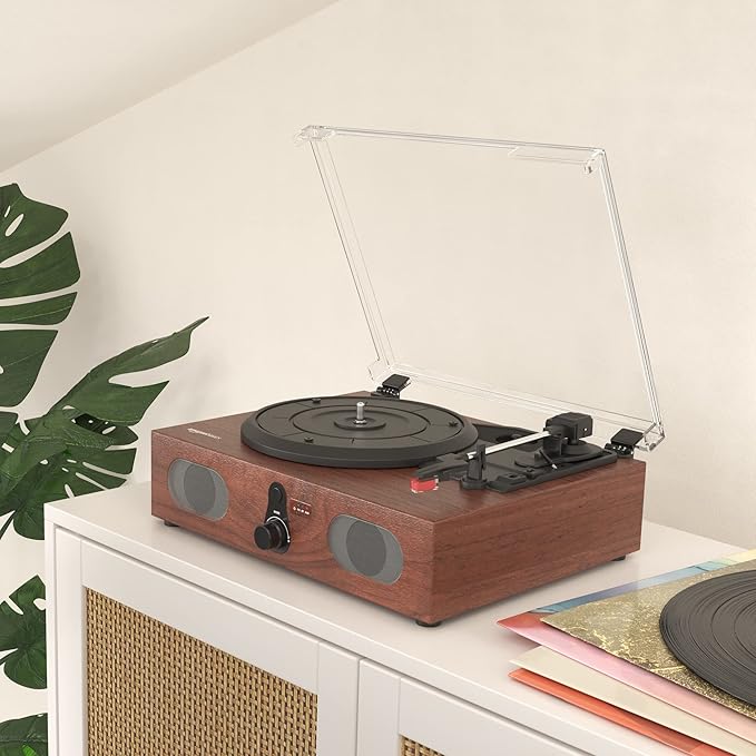 Amazon Basics Desktop Turntable Vinyl Record Player with Bluetooth and Built-in Speakers, 3-Speed, Black