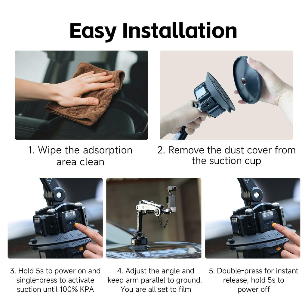 MOVMAX Blade Arm Solar Electronic Suction Cup Mount, Shock Absorber Arm Car Mount for DJI Pocket 4/3, GoPro Hero 13, 360 Action Cameras with Auto Pressure Detection & LCD Display, Pocket 3 Accessories