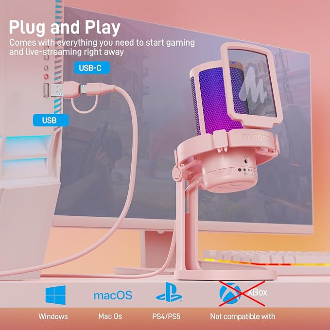 MAONO Gaming Microphone with Noise Cancellation, USB Condenser Mic for Streaming, Podcast, Twitch, YouTube, Discord, PC Desktop Computer Mic for PS5, GamerWave DGM20 Pink