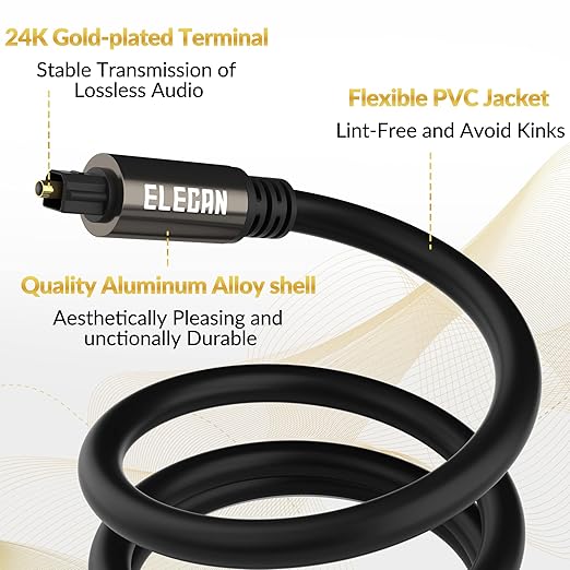 Elecan Optical Audio Cable 200 Ft Digital Audio Toslink Cable Cord-Fiber Optic-Gold Plated-Flexiable&Durable-for Home Theater,Sound Bar,PS4&Xbox-with 4 Right Angled and Mini Toslink Adapters+Ties